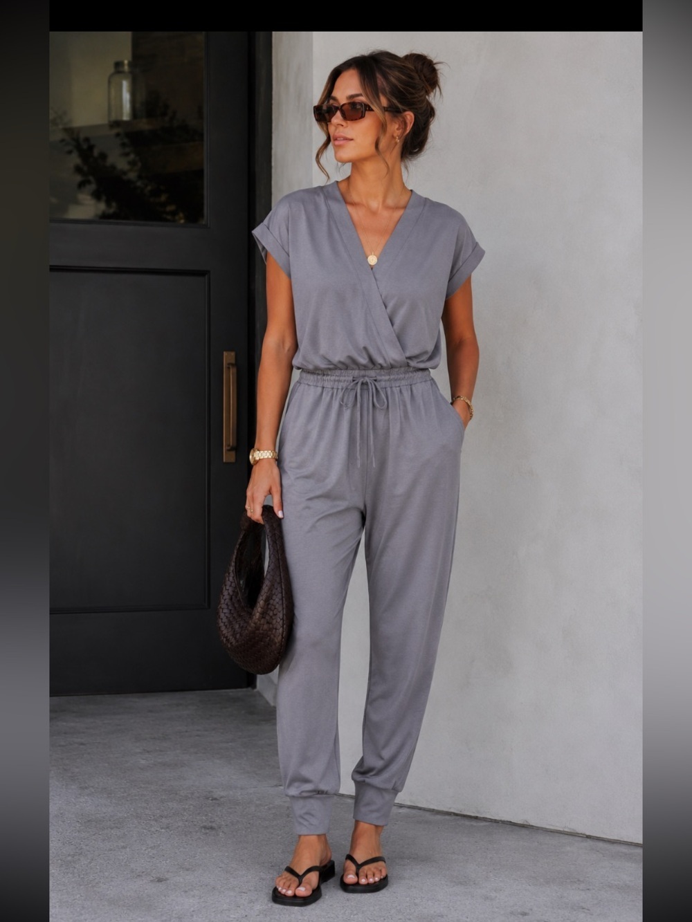 Grey short sleeve jumpsuit, size M